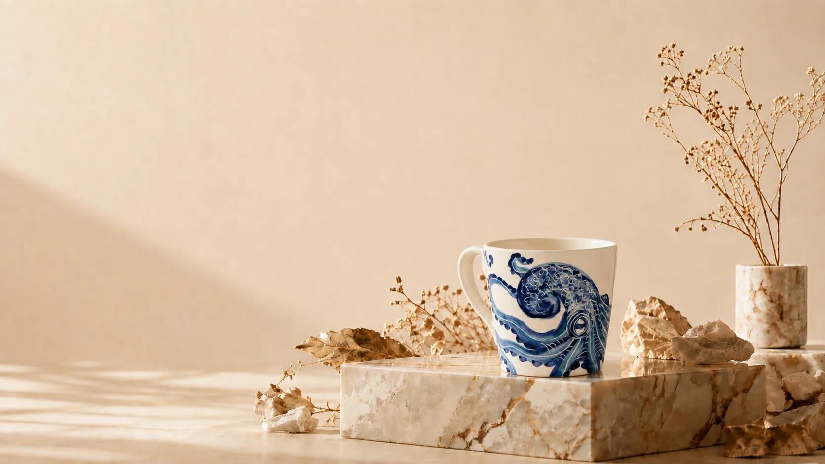 Taza de cerámica pintada a mano con un pulpo azul, sobre una peana de mármol